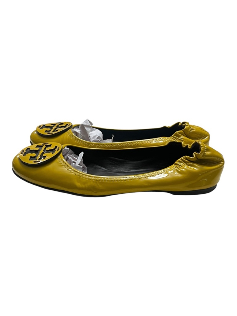 Tory Burch Minnie Travel Ballet Flats Yellow Patent Leather Logo Size 10 - Picture 6 of 6